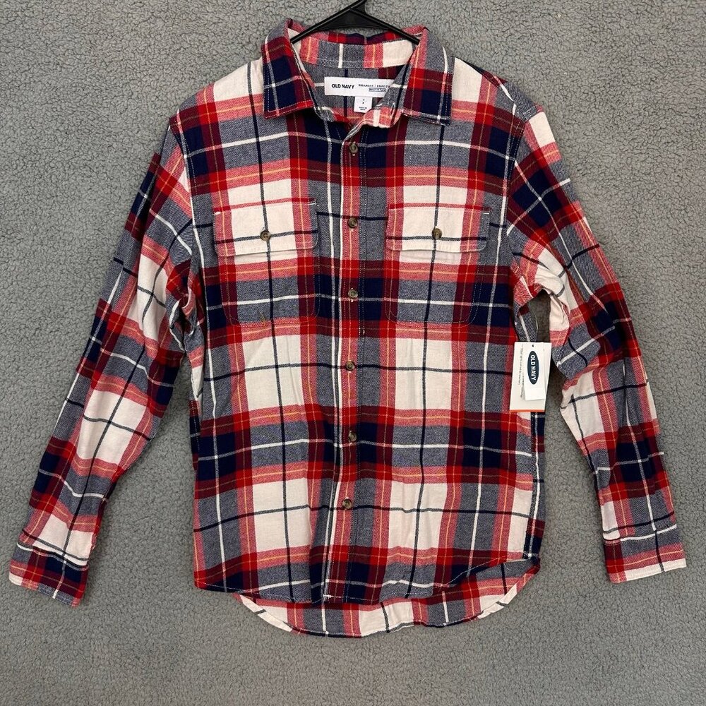 NEW‎ Old navy Plaid Button Up Mens small Flex Blue Red Long Sleeve Shirt